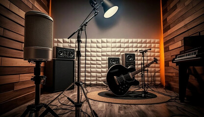 Fototapeta na wymiar Home Studio Music Recording Interior. Microphone, Guitar, Drum, Bass, Close-Up Generative AI