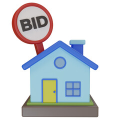 3d rendering. minimalist style cute house icon and bid notice board. illustration of a house being auctioned and sold by submitting a bid