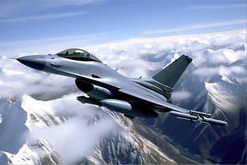 F-16 Falcon fighter jet flying in the sky over the mountains