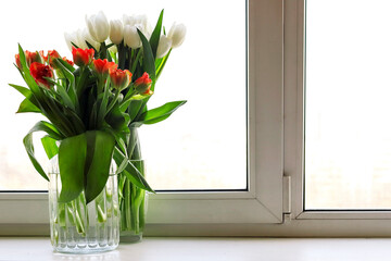 Tulips orange white bouquets in glass vases