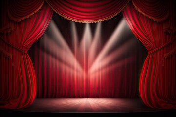 theater with a stage featuring red curtains, a spotlight, and a magic show background, Generative AI