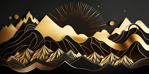 Luxurious gold mountain range illustration on black background, Generative AI