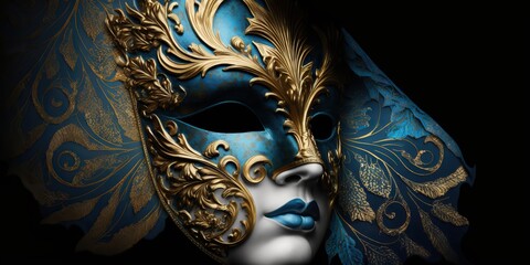 Venetian mask in a blue background with an elegant and delicate touch, Generative AI