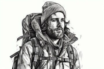 Fototapeta na wymiar Portrait of an Active Lifestyle: Line Style Drawing of a Mountain Traveler
