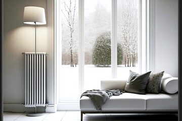 room with sofa and white floor lamp oosite window with heating radiator, created with generative ai