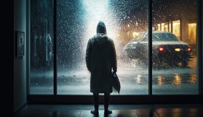 豪雨を眺める男性　イメージイラスト　generative AI