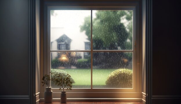 雨の風景　窓からの景色　イメージイラスト　generative AI