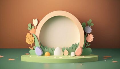 3D podium with copy space for product presentation on abstract Easter Paper Cut Style background. Minimalistic concept of tropical Easter. Frame with flowers near podium background.