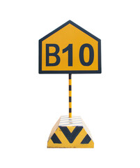 Road traffic signs B10 yellow black B10 isolated on cutout PNG. Aluminum signs with concrete bases...