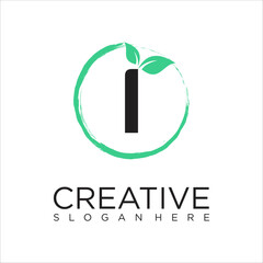 Natural Letter I  Brush stroke logo design vector template. Leaf icon