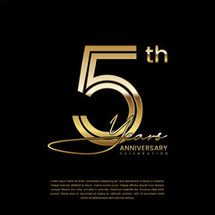 5th anniversary logo with gold color double line style. Line art design. Logo Vector Illustration