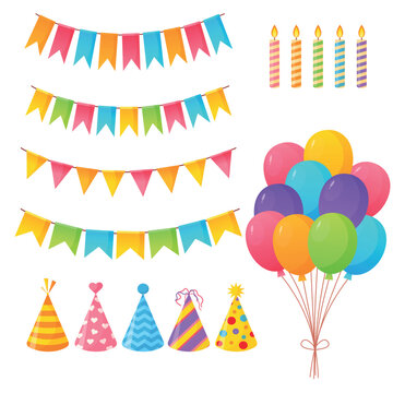 Vector bright cartoon image of a festive set. Balloons, flags, candles. The concept of parties, festival and fun. A colorful element for your design.