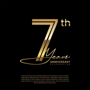 7th anniversary logo with gold color double line style. Line art design. Logo Vector Illustration