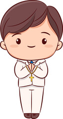 First communion concept with cute boy praying and standing hand drawn sketch style cartoon character PNG