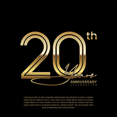 20th anniversary logo with gold color double line style. Line art design. Logo Vector Illustration - obrazy, fototapety, plakaty