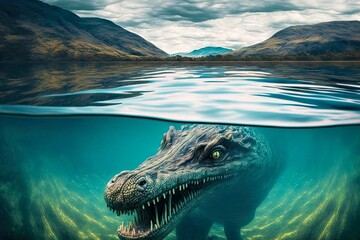 reptile loch ness monster floating underwater in lake of scotland, created with generative ai - obrazy, fototapety, plakaty
