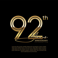 92th anniversary logo with gold color double line style. Line art design. Logo Vector Illustration