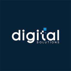 Digital solutions word design with letter T in pixel style.