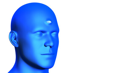 ThirdEye of Blue Digital Human isolated on white background. Three-quarter view of 3d character Close-up of closed eyes and third eye on the forehead.