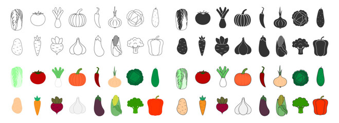 Vegetable icons.  Cabbage, Chinese cabbage, chili pepper, tomato, leeks, pumpkin, onion, potato, carrot, beet, garlic, eggplant, corn, broccoli, pepper, paprika.