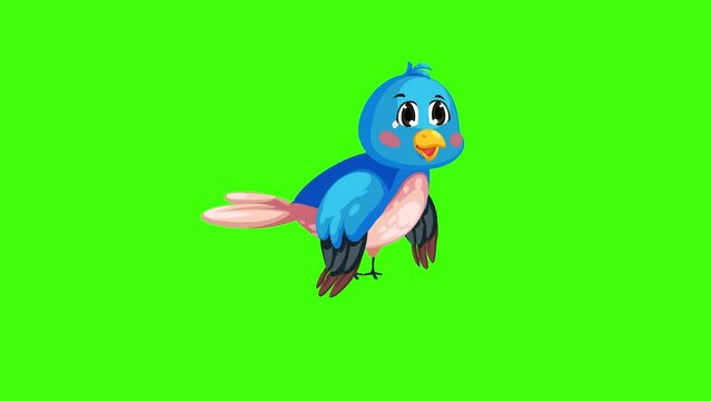 Cute Blue Sparrow Flying Animation On Green Screen