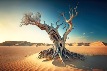 Naklejka na ściany i meble fantastic dead lonely tree reborn again in dead desert, created with generative ai