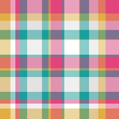 Seamless pattern of colorful tartan plaid. Repeatable background with check fabric texture. Brightly colored diagonal plaid fabric background.