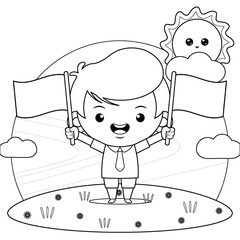 Coloring book for kids. Happy Boy With Two Hands Holding Mini Flag