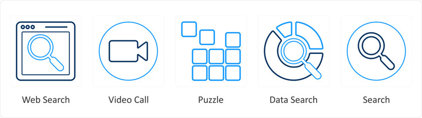 A set of 5 mix icons as web search, video call, puzzle