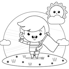 Coloring book for kids. Happy Boy With Mini Flag On Him Lap