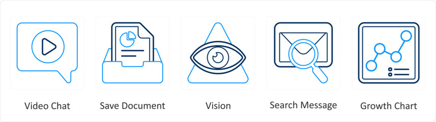 A set of 5 mix icons as video chat, save document, vision