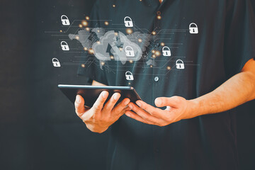 Cybersecurity and privacy concepts to protect data. Lock icon and internet network security technology. Internet and technology concept on virtual screen. Man touching on lock icon.