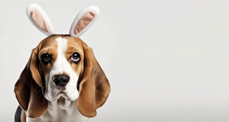 Banner of funny portrait of Beagle dog with easter bunny ears isolated on white background - ai generated. Easter holidays concept