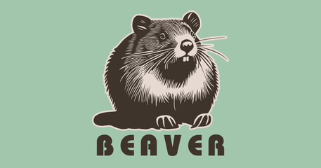 Vector cute simple beaver rodent stencil. Logo, sticker or icon. Green isolated background. - obrazy, fototapety, plakaty