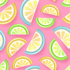 Seamless pattern with 3D plastic tropic fruits. Summer background. Vector illustration