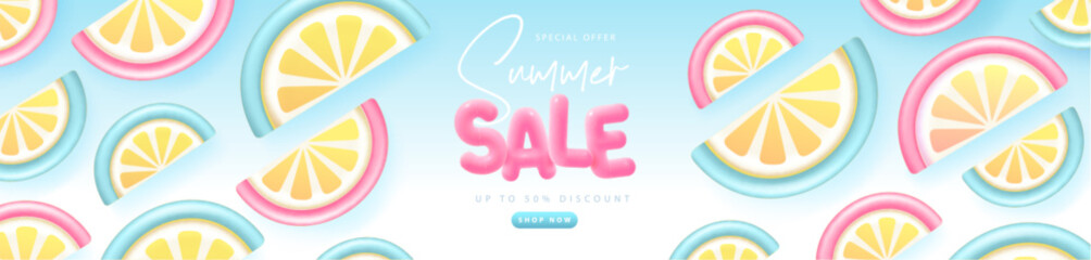 Summer big sale typography poster with 3d plastic text and tropic fruits. Summer background. Vector illustration.