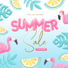 Summer big sale typography poster with 3d plastic text, flamingo and tropic leaves. Summer background. Vector illustration.