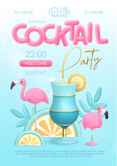 Summer cocktail disco party typography poster with 3D plastic text, cocktail, tropic leaves and flamingo. Vector illustration