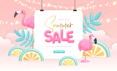 Summer big sale typography poster with 3d plastic text, flamingo and tropic leaves. Summer background. Vector illustration.