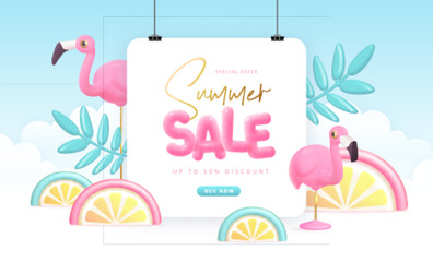 Summer big sale typography poster with 3d plastic text, flamingo and tropic leaves. Summer background. Vector illustration.