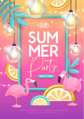 Naklejka na ściany i meble Summer disco party typography poster with 3D plastic flamingo, electric lamps and tropic leaves. Vector illustration