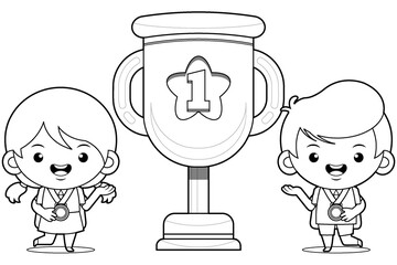 Coloring book for kids. Happy Cute Students Winner Presenting Golden Trophy Cup
