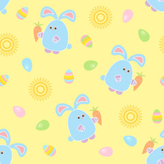 Obraz premium Easter seamless pattern. Cute bunnies with carrots, multi-colored Easter eggs and the sun on a yellow background.