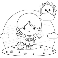 Coloring book for kids. Happy Girl With A Soccer Ball