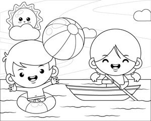 Coloring book for kids. Happy Kids At Sea