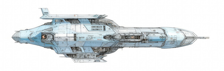 Fototapeta na wymiar Science fiction spaceship or starship, ink plan drawing. Side view. sci-fi style draft design, plan type drawing of a light cruiser. wide format. Generative AI. 