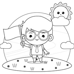 Coloring book for kids. Happy Student Boy Holding Mini Flag