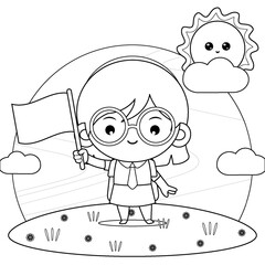 Coloring book for kids. Happy Student Girl Holding Mini Flag