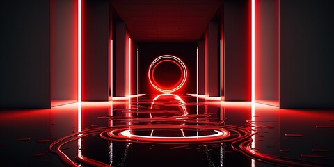 Illustration of a dark corridor with a circular red laser neon electric frame on a floor covered in water's liquid ripples. Generative AI - obrazy, fototapety, plakaty