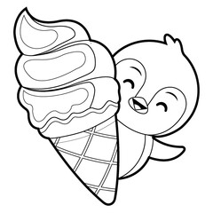 Coloring book for kids. Ice Cream And Cute Penguin